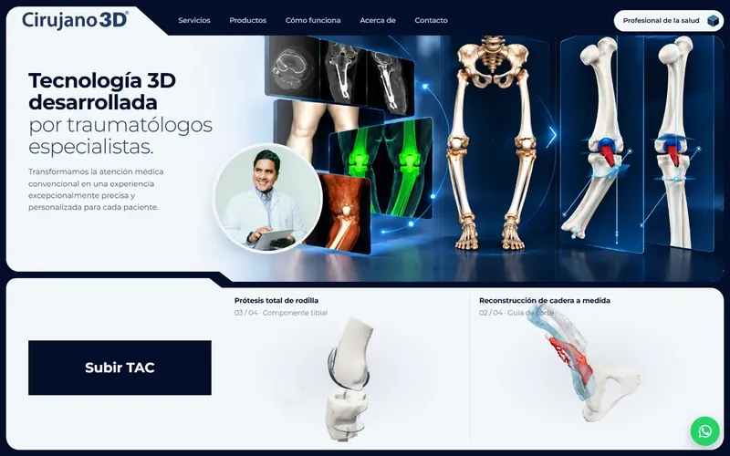 Portada de cirujano3d.com: modelos óseos en 3D y el botón Subir TAC